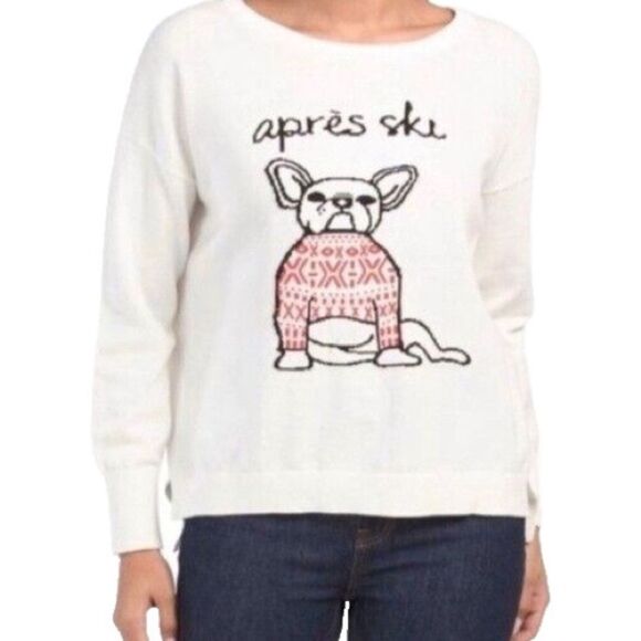 French Connection Apres Ski Frenchie Bulldog Sweater Size Large Lightweight Knit - Picture 1 of 7